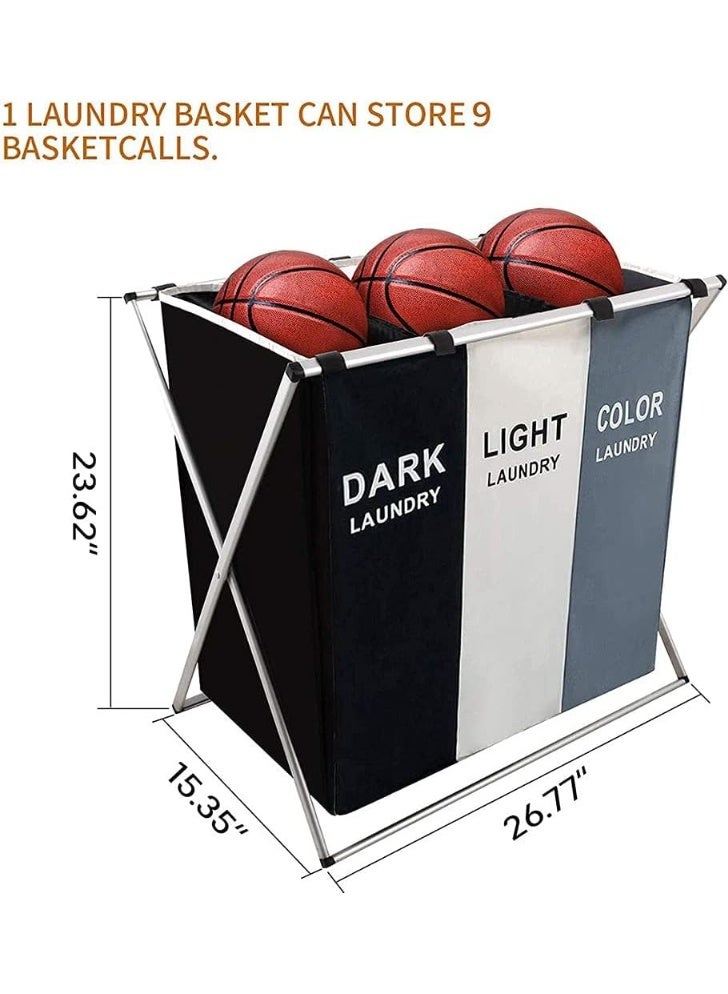 سلة غسيل من 3 اقسام للغامق والفاتح والالوان، سبت غسيل قابل للطي مع شنطة قماش اكسفورد مضادة للماء واطار من الالومنيوم، لتخزين ملابس الغسيل للبيت - Image 3